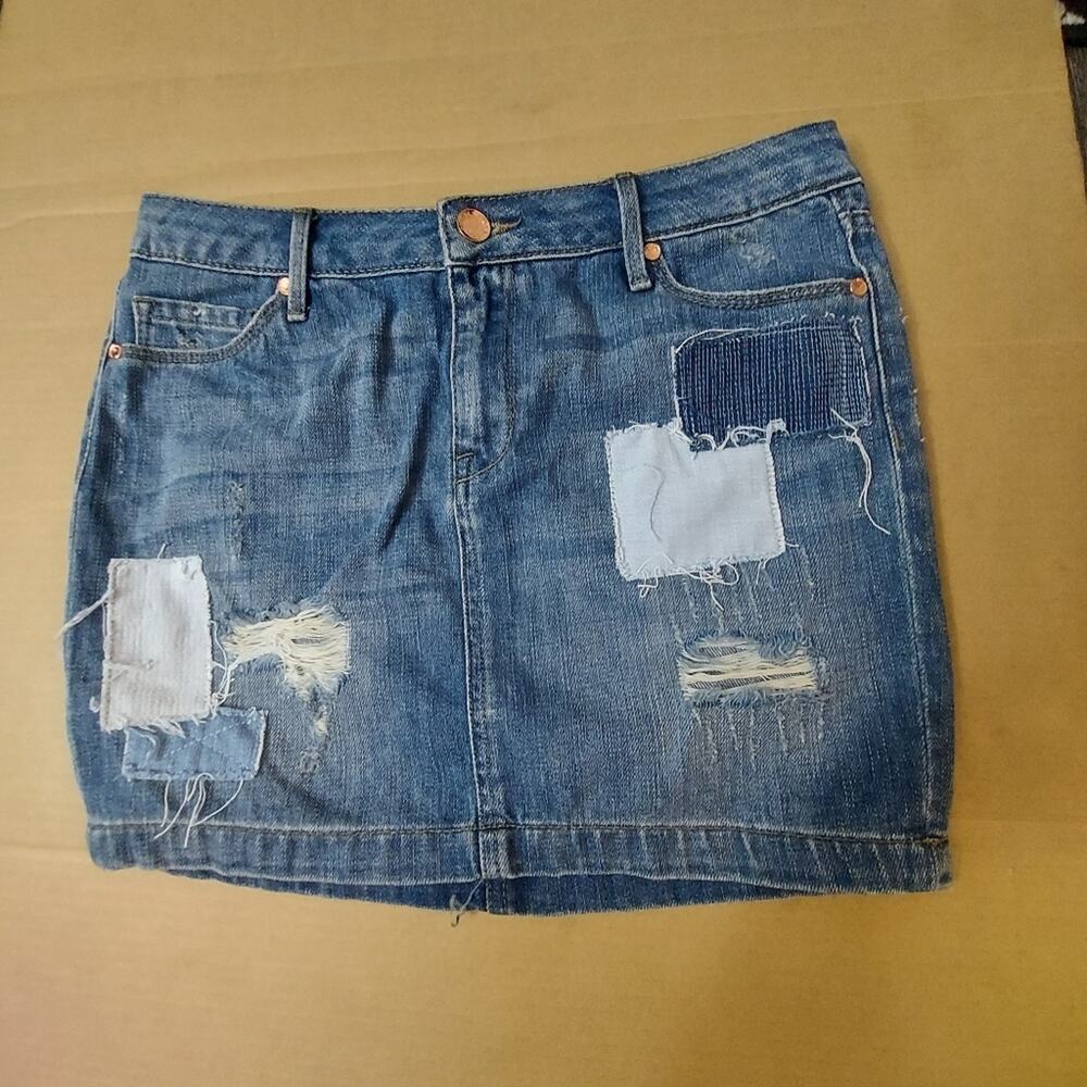 Rachel Roy Patchwork Distressed Denim Skirt 26 Festival Casual Boho Hippie Retro